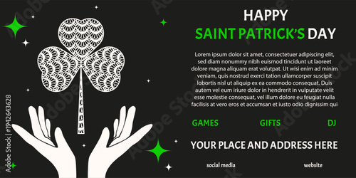 Retro Saint Patrick's Day horizontal ads banner. Trendy 2026 vector Lace texture white clover in hands. Perfect celt irish party promotion banner with bold holiday message. EPS 10