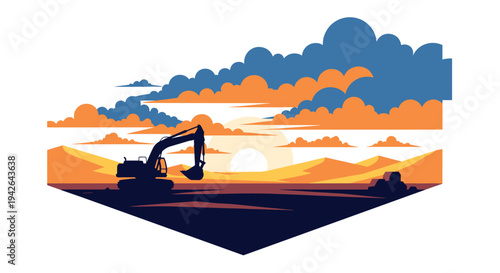 Sunset construction scene with excavator silhouette and dramatic clouds