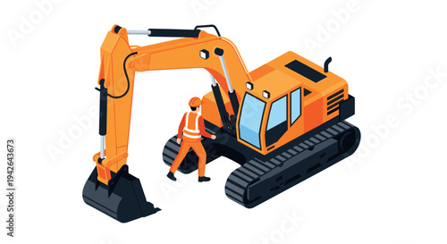 Isometric construction scene with excavator and worker in high visibility gear
