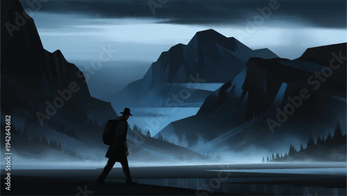 Illustration Of An Adventurer Walking On A Vast Plain With Thick Fog Vector Design Template