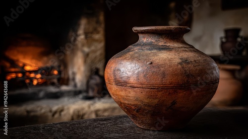 Rustic Terracotta Pot on Stone Surface Near Fireplace