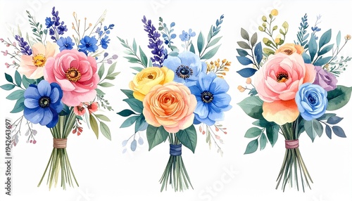 A watercolor floral bouquet illustration set featuring multiple bouquets and botanical elements.
