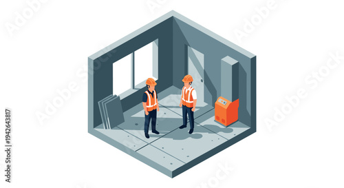 Isometric construction site interior with engineers in safety gear