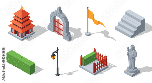 Isometric asian monuments and structures: temple, archway, flag, and statue set