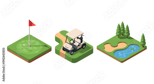 Isometric golf course elements with golf cart, putting green, and water hazard