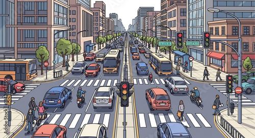 Busy City Street with Cars and Pedestrians Crossing.