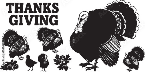 Black and white illustration of turkeys for Thanksgiving celebration