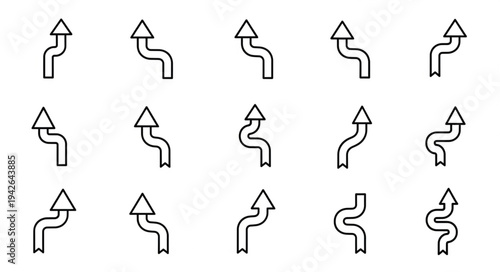 Collection of Arrow Icons Pointing Upward with Curving Paths.