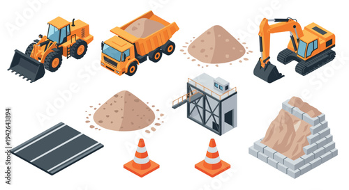 Isometric construction equipment set: excavator, bulldozer, dumper, traffic cones, road, sand piles