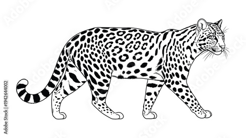 Leopard in monochrome : A striking illustration of a leopard gracefully prowling, its iconic spotted coat and focused gaze conveying an impression of power and elegance. 