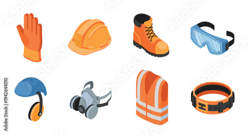 Colorful isometric safety gear icons for construction and industrial settings