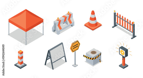 Isometric construction and safety icons set with traffic controls and barriers