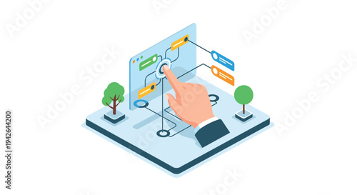 Interactive user interface design concept with 3d elements and flowchart