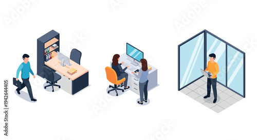 Modern office workspace isometric concept with employees and furnishings