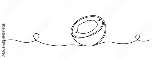 Coconut half resting on continuous line over white background. none editable strokes
