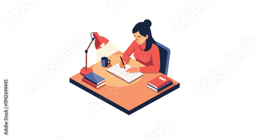 Isometric style woman studying at desk with lamp and books