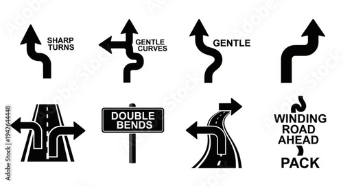 Road Sign Icons - Sharp Turns, Gentle Curves, Double Bends, Winding Road Ahead.