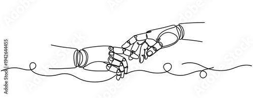 Robotic hands reaching to hold human hand over continuous line. none editable strokes