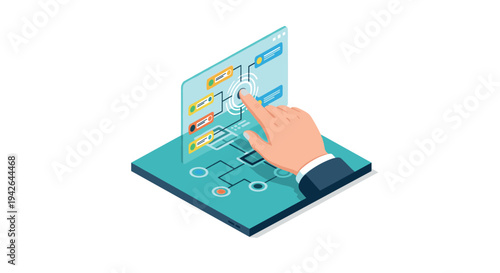 Interactive isometric touchscreen interface with data analytics and network diagram