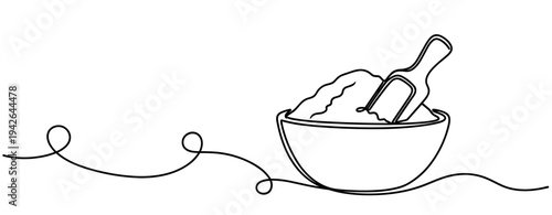 Bowl filled with flour and scoop on continuous line background. none editable strokes