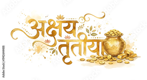 Akshaya Tritiya Festival Golden Typography with gold Kalash and Coins on background.