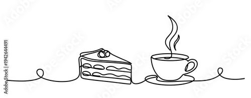 Cake slice beside steaming cup drawn in continuous line. none editable strokes