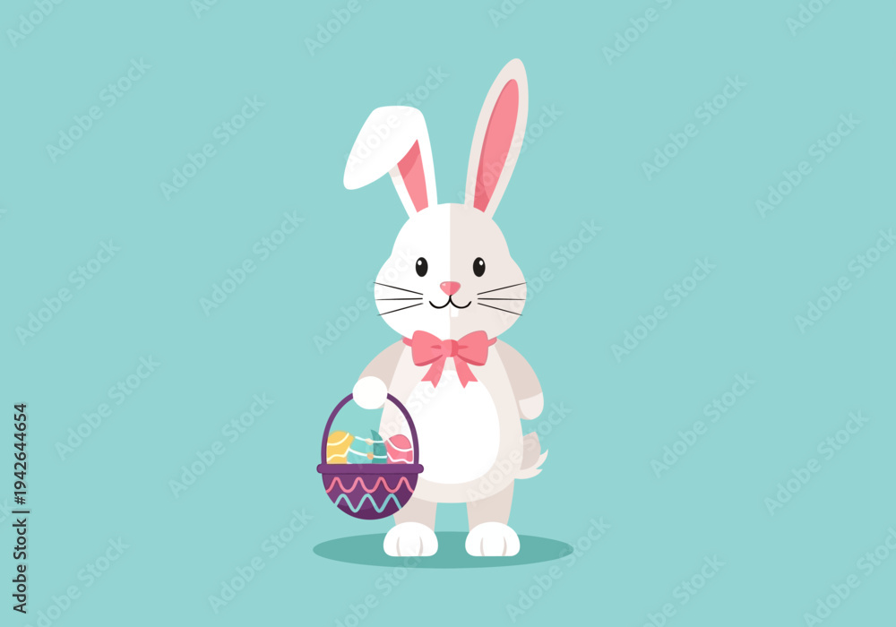 Obraz premium Easter bunny holds colorful eggs in basket standing on turquoise background