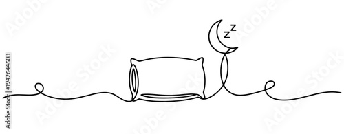 Pillow and crescent moon indicating sleep on continuous line. none editable strokes