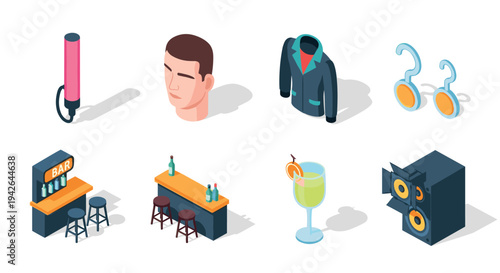 Isometric bar icons collection: drinks, fashion accessories, and music elements