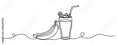 Bananas and smoothie glass standing on continuous line white backdrop. none editable strokes
