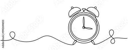 Retro alarm clock standing on continuous single line illustration. none editable strokes