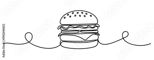 Burger stacked with toppings on continuous line in white background. none editable strokes
