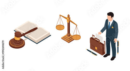 Isometric legal concept with judge, gavel, and scales of justice