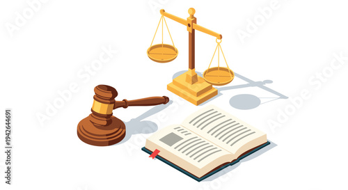 Isometric legal concept with gavel, scales, and open book