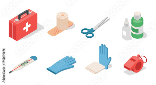 Essential first aid kit icons: medical supplies in modern isometric design