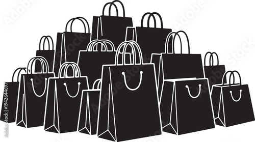 Collection of black shopping bags with white outlines stacked