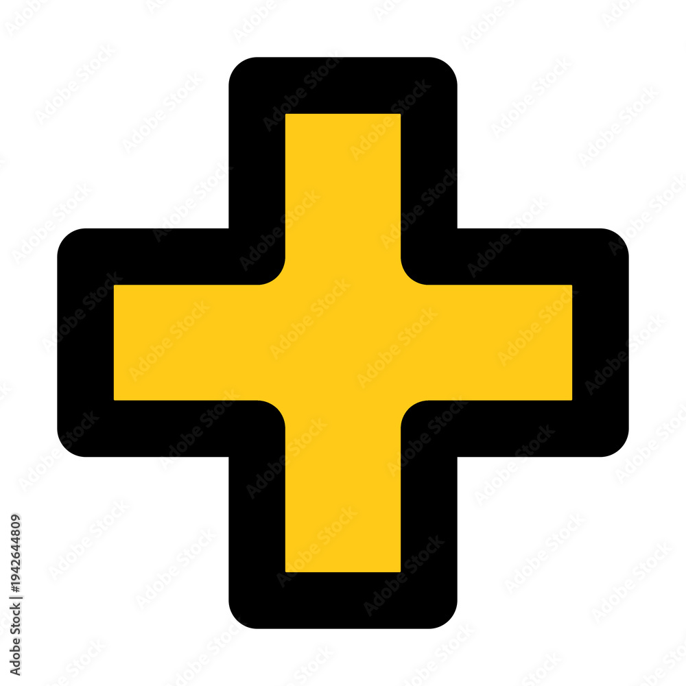 Obraz premium Bright yellow medical cross icon with a bold black outline ideal for healthcare branding pharmacy app interfaces and modern emergency services.