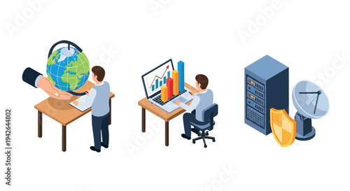 Isometric technology concepts: global management, data analytics, and cybersecurity