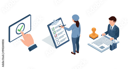 Isometric business tasks: digital approval, checklist management, document security