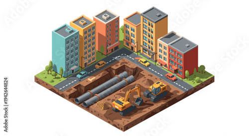 Isometric cityscape with building construction and machinery scene