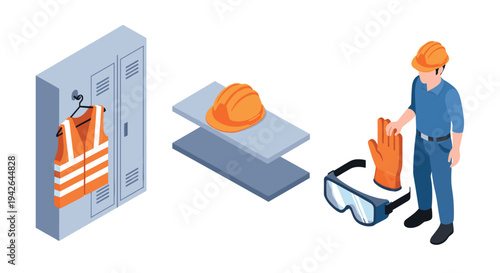 Safety gear and clothing for construction workers in isometric design