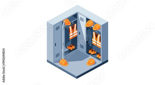 Isometric construction locker room with safety gear and helmets illustration