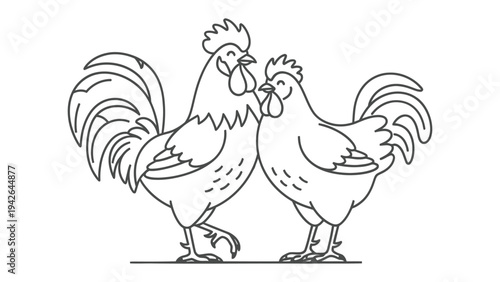 Couple Cock-a-Doodle-Doo: A charming illustration depicts a pair of fowl in a loving embrace, each with detailed features, in a scene brimming with affection. 