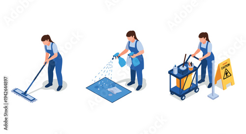 Professional cleaning service scenes with female janitor in isometric style