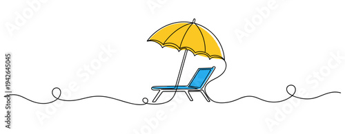 Beach chair shaded by umbrella on white minimalist background