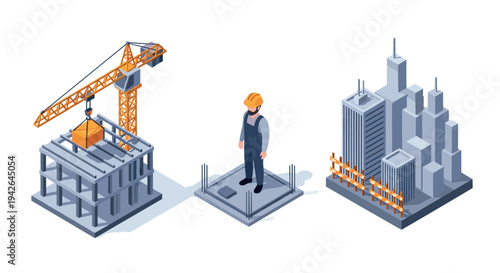 Construction worker overseeing urban building project in isometric design