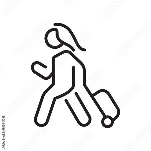 Minimal traveler walking with suitcase line icon symbolizing tourism, travel journeys, and passenger movement