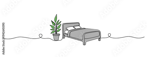 Bed and potted plant arranged in simple bedroom scene
