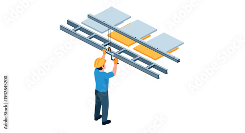 Isometric construction worker operating crane for ceiling installation