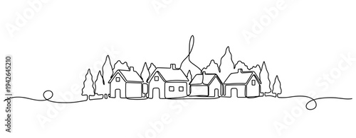 Row of houses nestled among trees in continuous line